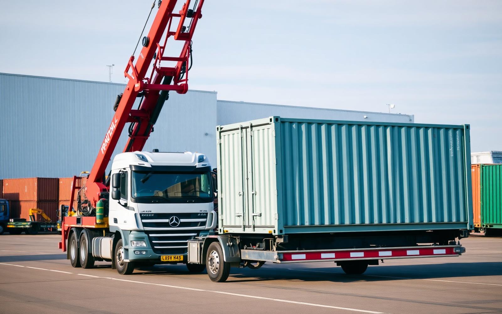 Truck delivering a new shipping container to an industrial site